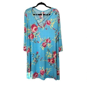 Dressin Gaudy Women's 3/4 Sleeve V-Neck Blue Floral Dress Size 3XL GUC